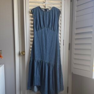 Frame Asymmetric Denim Sleeveless Blue High-Low Midi Dress